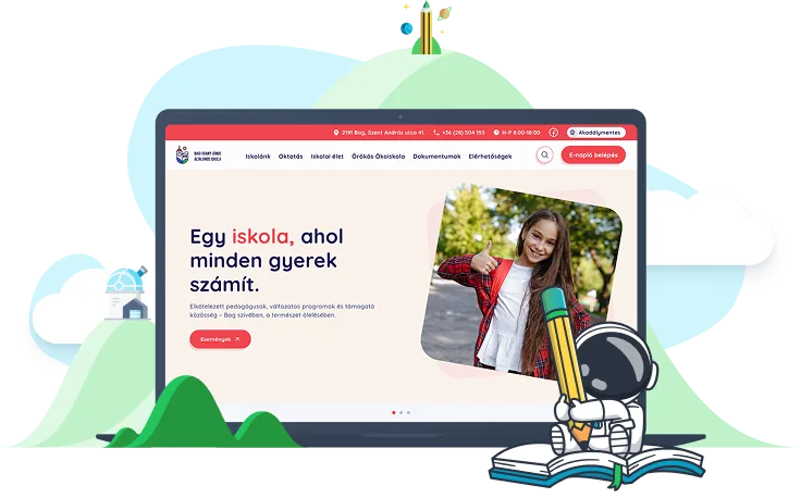 A Bagi Arany János Általános Iskola weboldalának nyitóoldala „Egy iskola, ahol minden gyerek számít” címmel, laptopon