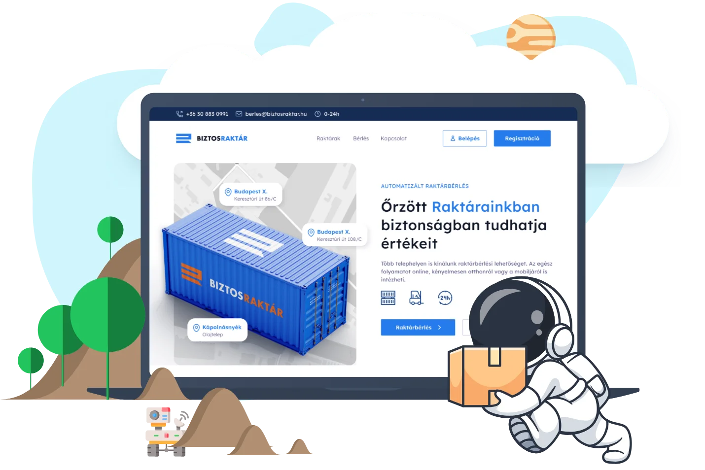 A Biztosraktár weboldalának nyitóképe raktárkonténerrel és telephelyjelölőkkel egy laptopon, előtte dobozt vivő űrhajós