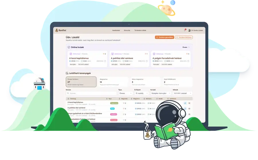 A Bonfini tanári felülete online kvízekkel, letölthető tananyagokkal és osztályszintű megnyitási adatokkal, laptopon