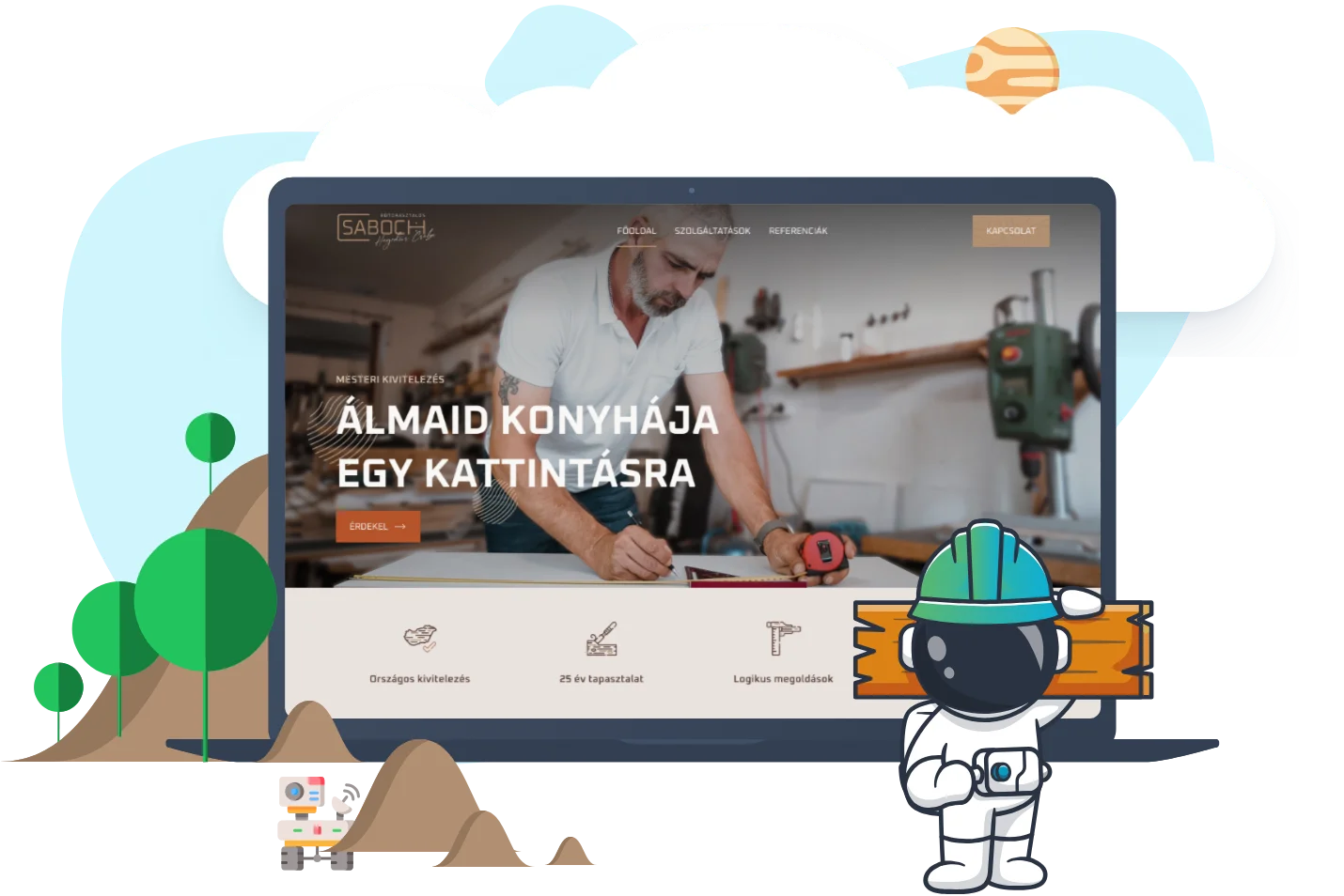 A Csaboch bútorasztalos weboldalának nyitóképe műhelyfotóval egy laptopon, előtte deszkát vivő, sisakos űrhajós