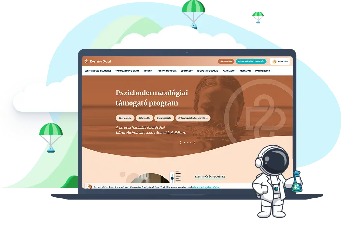 A DermaSoul pszichodermatológiai támogató program weboldalának nyitóoldala, laptopon