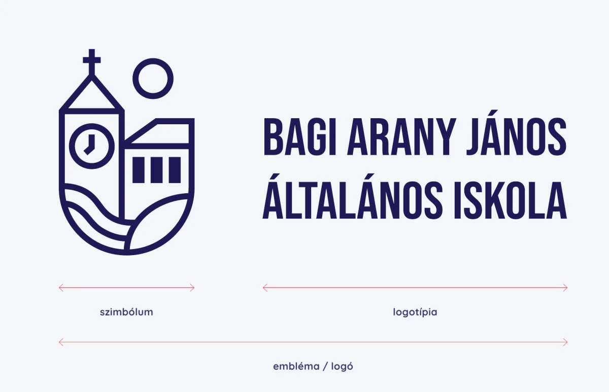 Az embléma szerkezete: balra a szimbólum, jobbra a logótípia, segédvonalakkal
