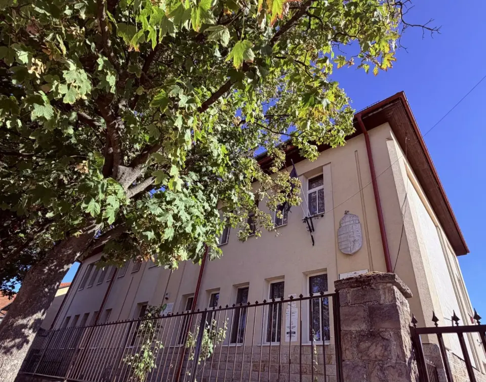 A Bagi Arany János Általános Iskola emeletes épülete a kerítés mögött, előtte lombos fa