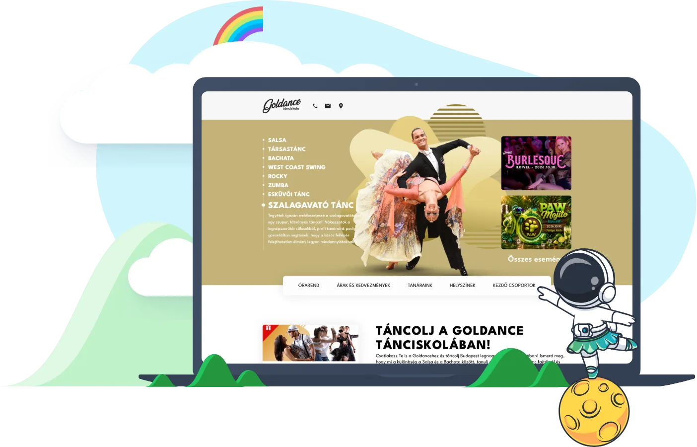A Goldance.hu tánciskola weboldalának nyitóoldala táncstílusokkal egy laptopon, mellette holdon táncoló, tütüs űrhajós