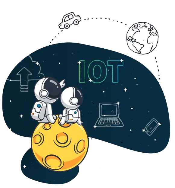 Két asztronauta egy holdon ülve, mögöttük az IoT felirat, felhő, laptop, telefon és autó körvonala