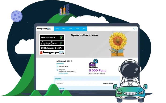 A Hungexpo parkolójegy-oldala egy kiállítás napjaival, napijegy-árral és szabad férőhelyekkel, laptopon