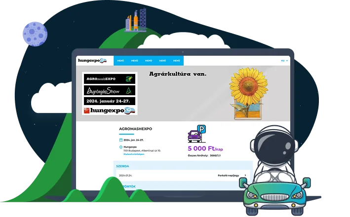 A Hungexpo parkolójegy-oldala egy kiállítás napjaival, napijegy-árral és szabad férőhelyekkel, laptopon