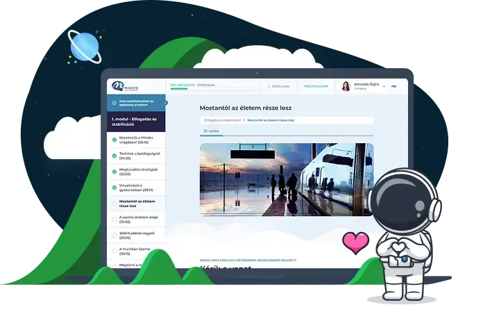 A Minder e-learning felületének leckeoldala modullistával egy laptopon, mellette szívet formáló űrhajós