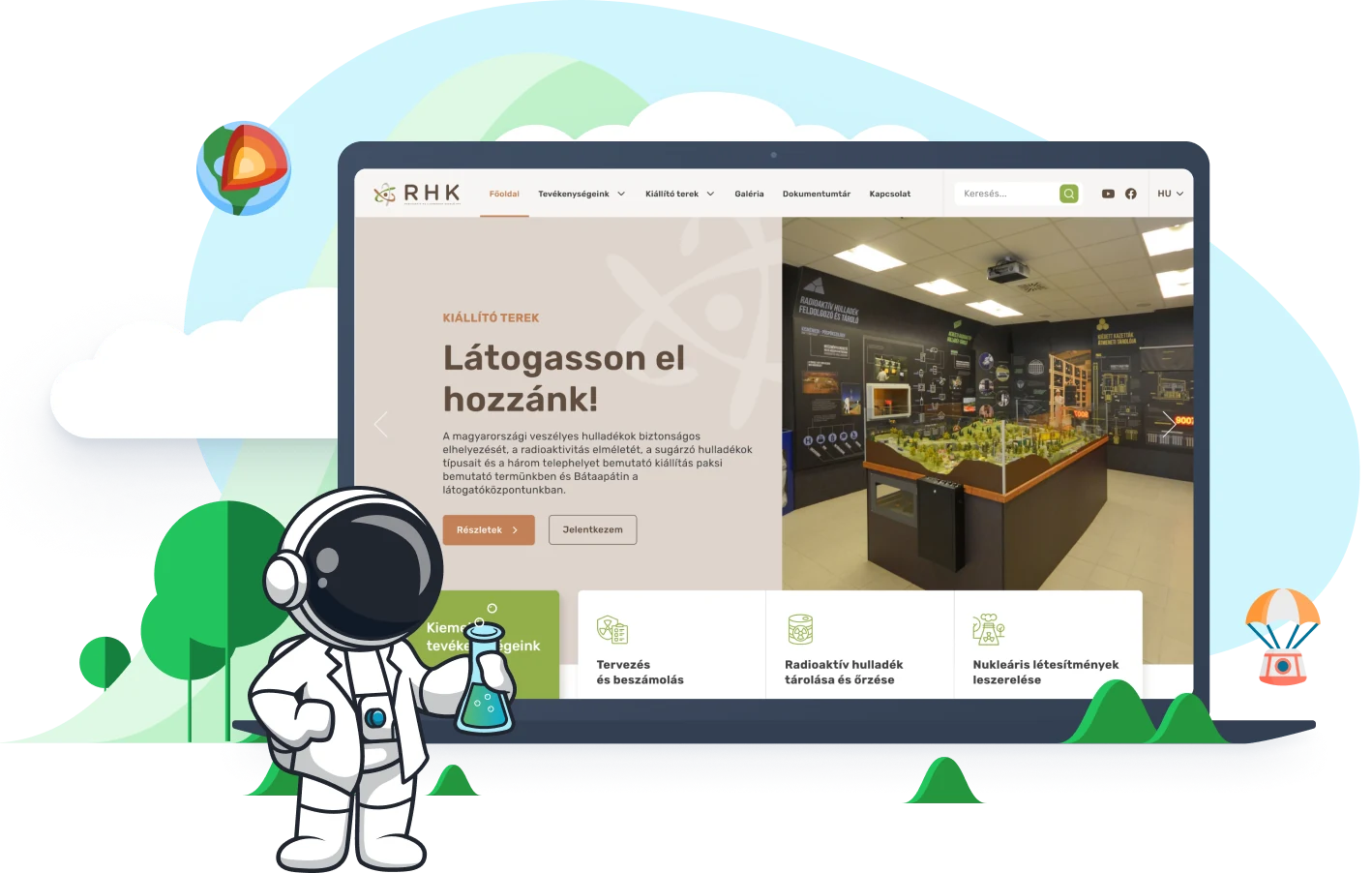 Az RHK weboldalának nyitóoldala a kiállítóterek bemutatásával, laptopon