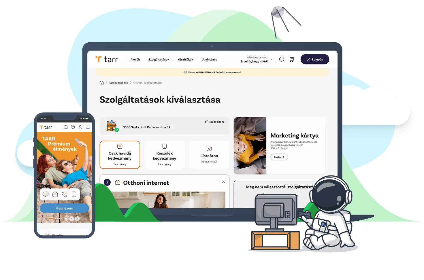 A TARR szolgáltatásválasztó oldala laptopon és mobilon: a megadott címen elérhető ajánlatok és egy marketingkártya