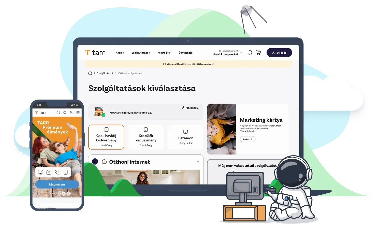 A TARR szolgáltatásválasztó oldala laptopon és mobilon: a megadott címen elérhető ajánlatok és egy marketingkártya