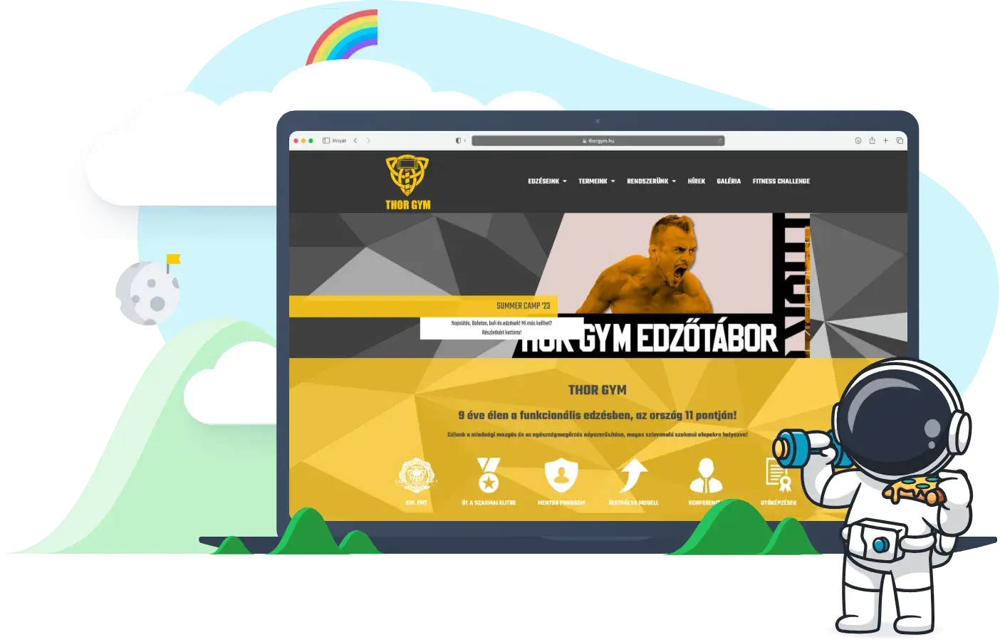 A Thor Gym weboldalának nyitóoldala egy laptopon, előtte súlyzót tartó, pizzaszeletet evő űrhajós