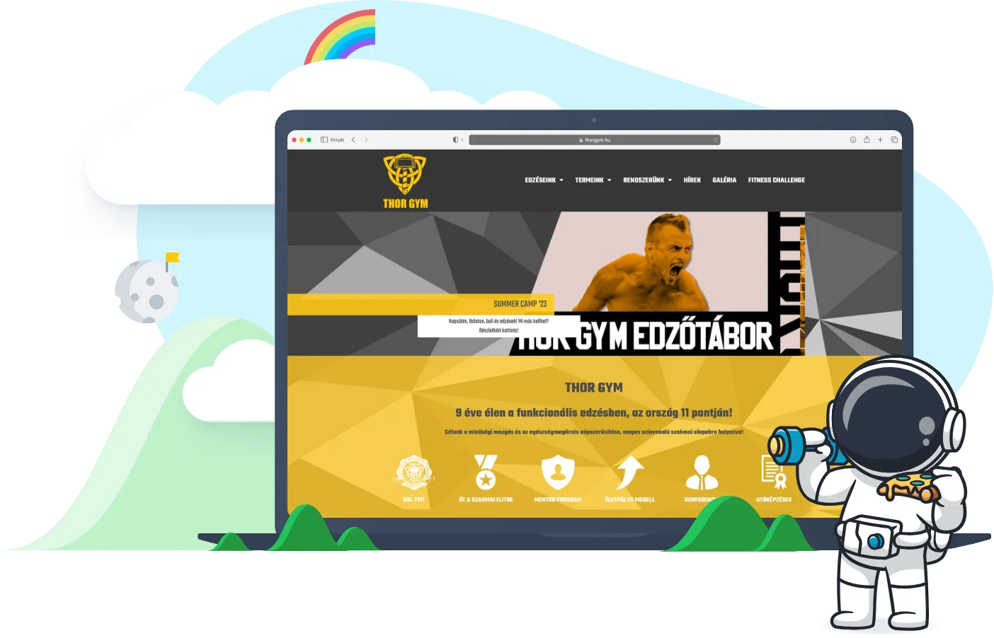 A Thor Gym weboldalának nyitóoldala egy laptopon, előtte súlyzót tartó, pizzaszeletet evő űrhajós
