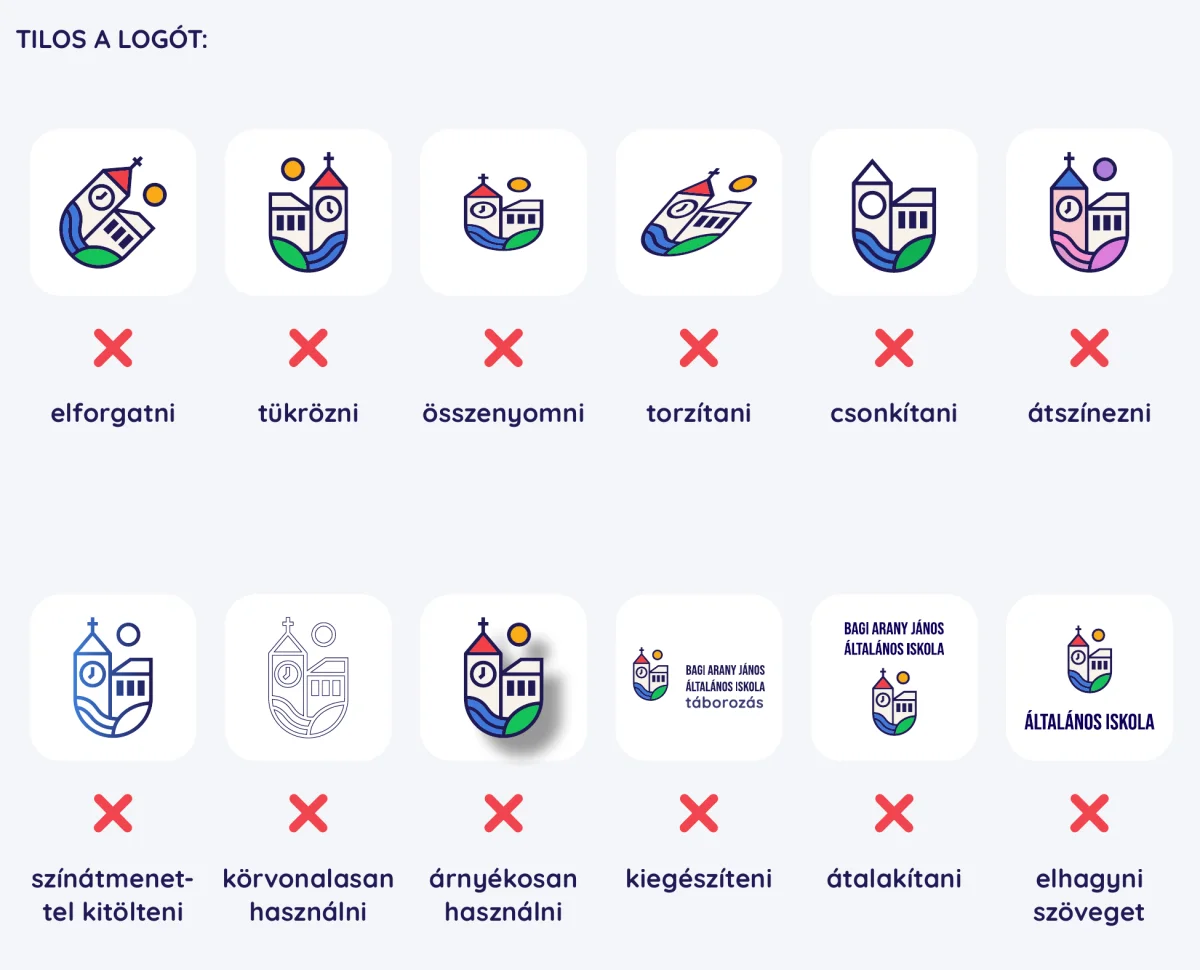 Példák a logó helytelen használatára: elforgatva, tükrözve, torzítva, átszínezve, árnyékkal, körvonalasan