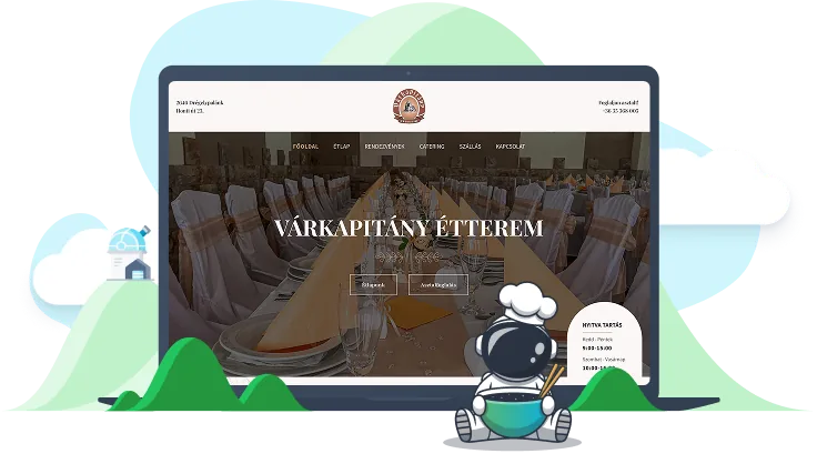 A Várkapitány Étterem weboldalának nyitóoldala laptopon, terített rendezvényteremmel, étlap- és asztalfoglalás-gombbal