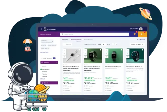 A VendorsNow beszerzési platform terméklistája beszállítói és márkaszűrőkkel, laptopon