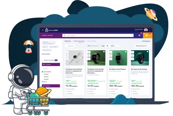 A VendorsNow beszerzési platform terméklistája beszállítói és márkaszűrőkkel, laptopon