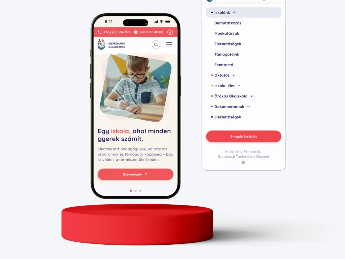 Az iskola weboldalának nyitóoldala mobilnézetben