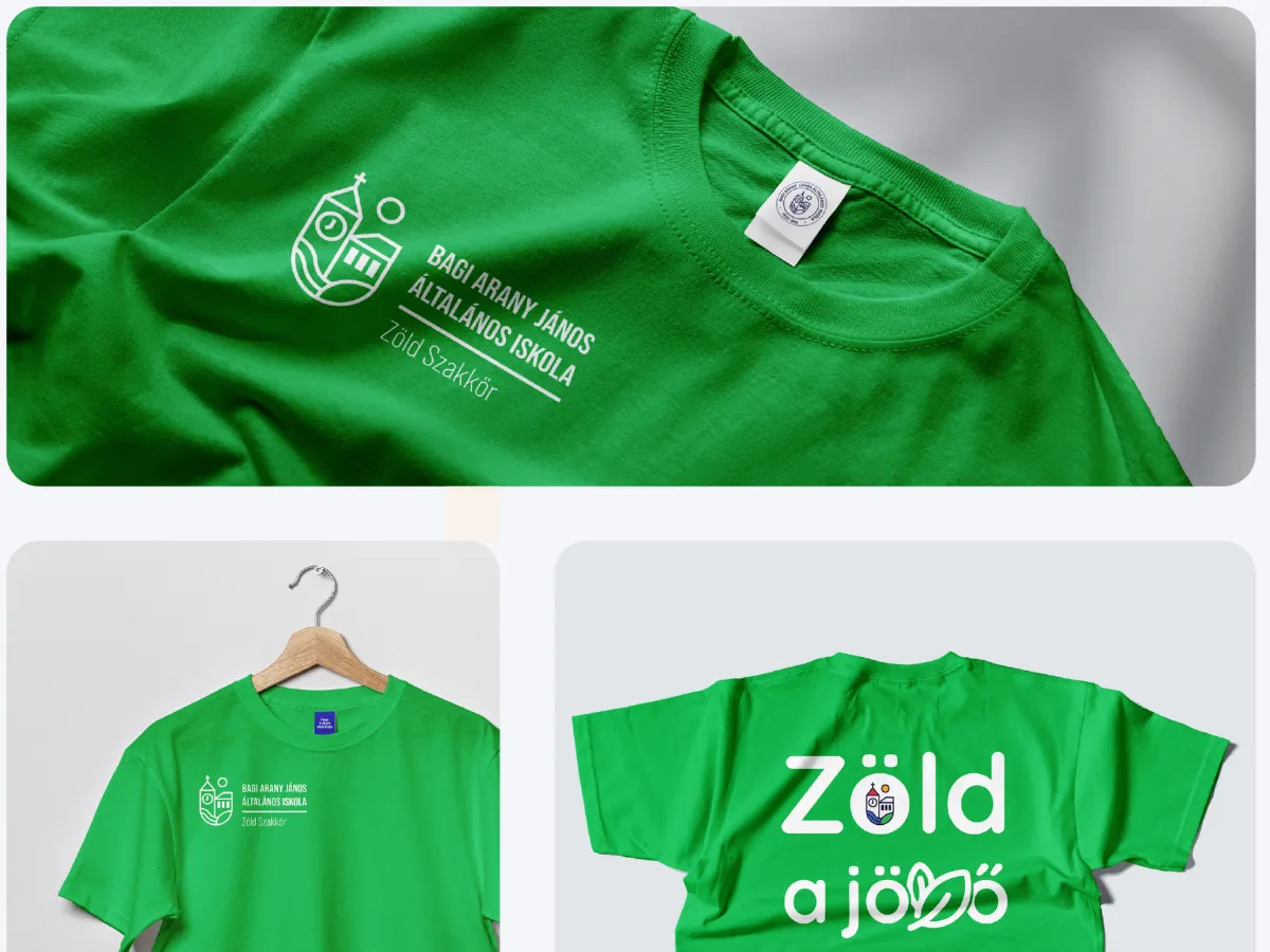 Zöld szakkörös póló az emblémával és a „Zöld a jövő” felirattal